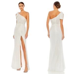 Mac Duggal Ivory Pearl Beaded Soft Tie One Shoulder Thigh Slit Evening Gown 8